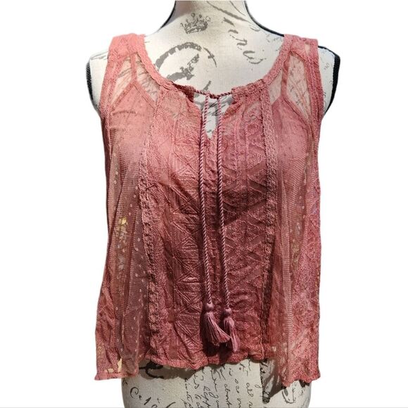 American Eagle -384 Outfitters Tassels Lace Boho Sheer Cami Over Tank Top Size S - Picture 1 of 9